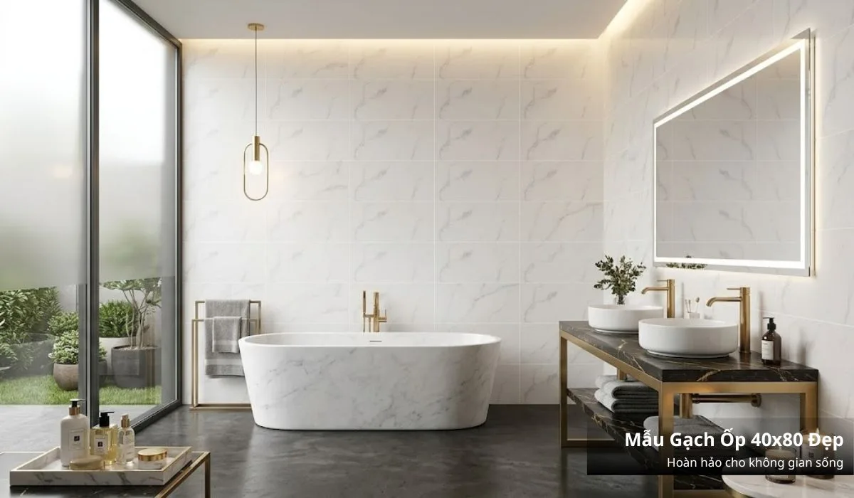 Mẫu gạch ốp tường 40x80 nhà tắm sang trọng