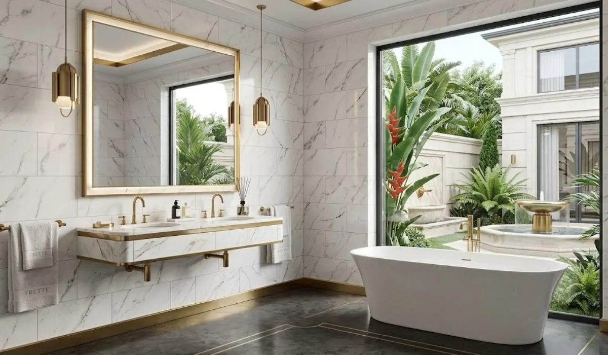Mẫu gạch ốp tường 40x80 nhà tắm đầy đủ tiện nghi