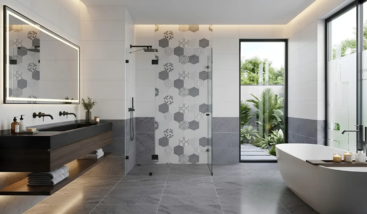 Mẫu gạch 30x60 xương đá vân xi măng xám ốp nhà tắm sang trọng 